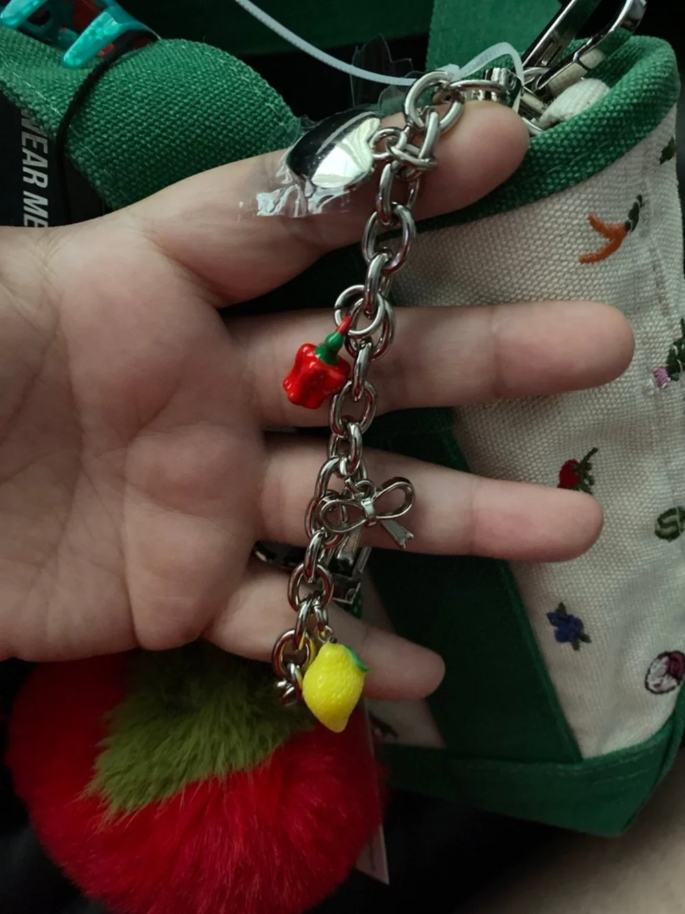 Madden Girl Green and Cream Tote with Red tomatoe Pom & Gingham Scarf scrunchie